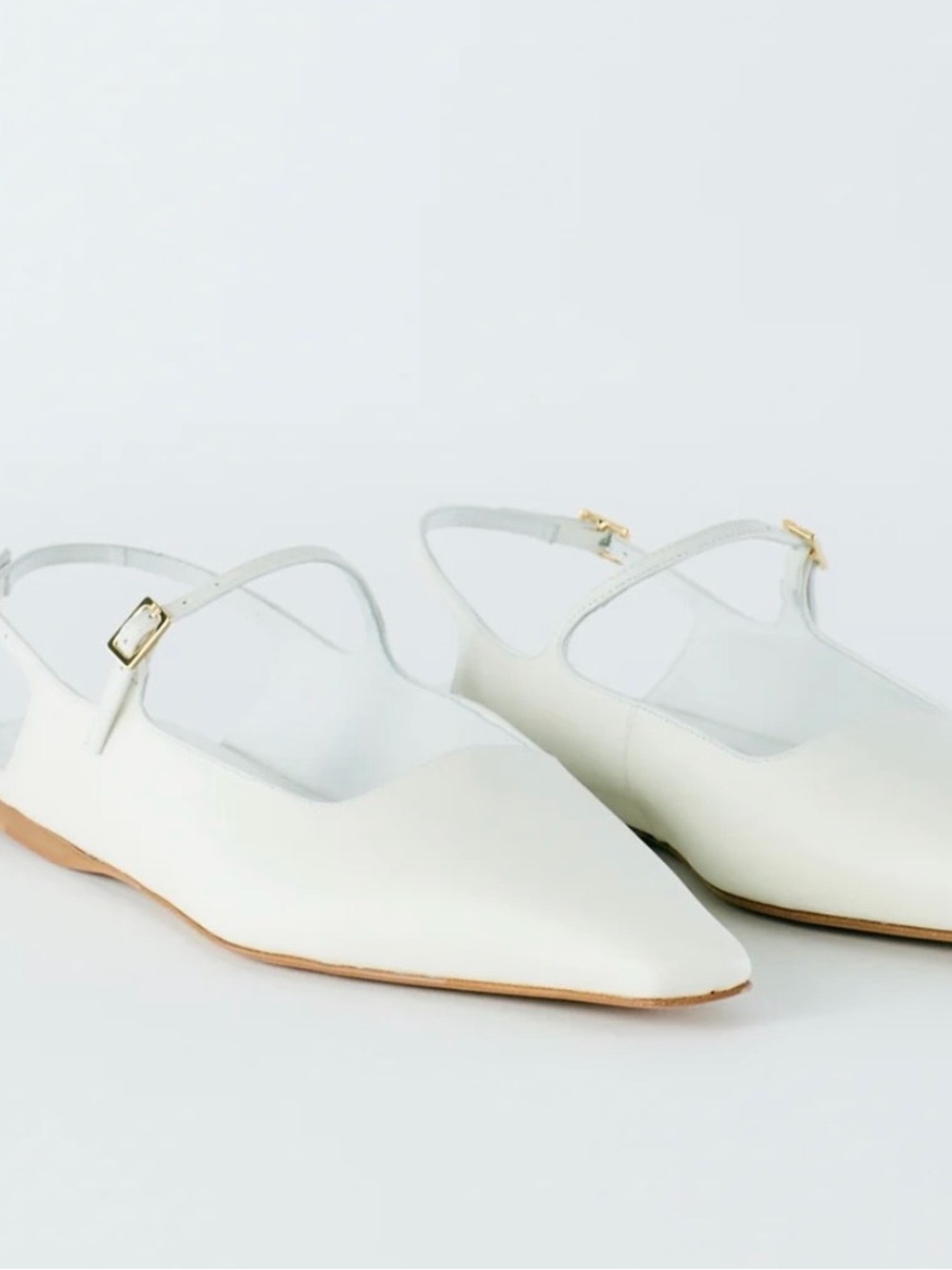 Tibi White Pointed-Toe Slingback Flats with Gold Buckle